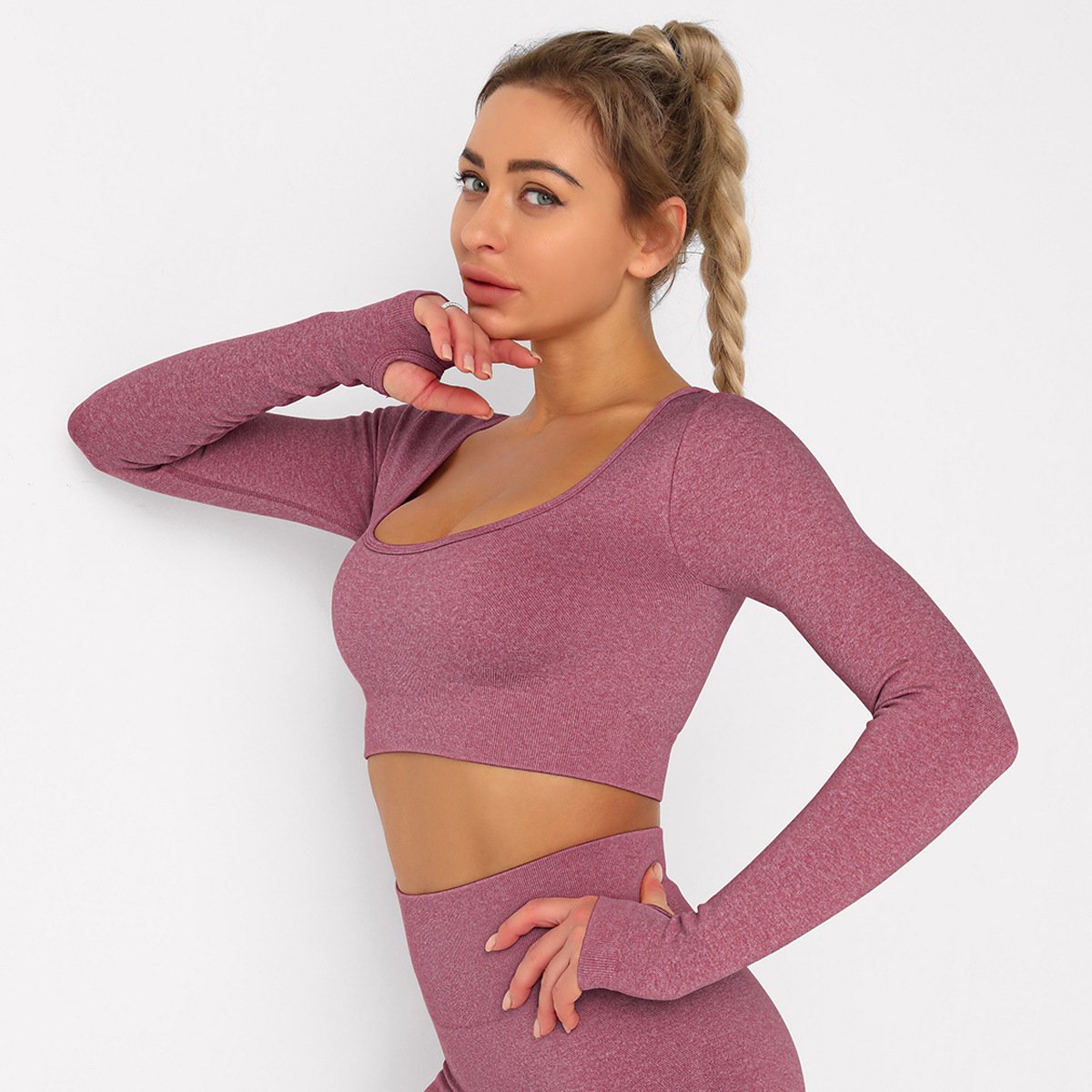 Solid Seamless Gym Shirts for Women Vital Seamless Long Sleeve Crop Top Thumb Hole Fitted Gym Top Shirts Workout Running clothes