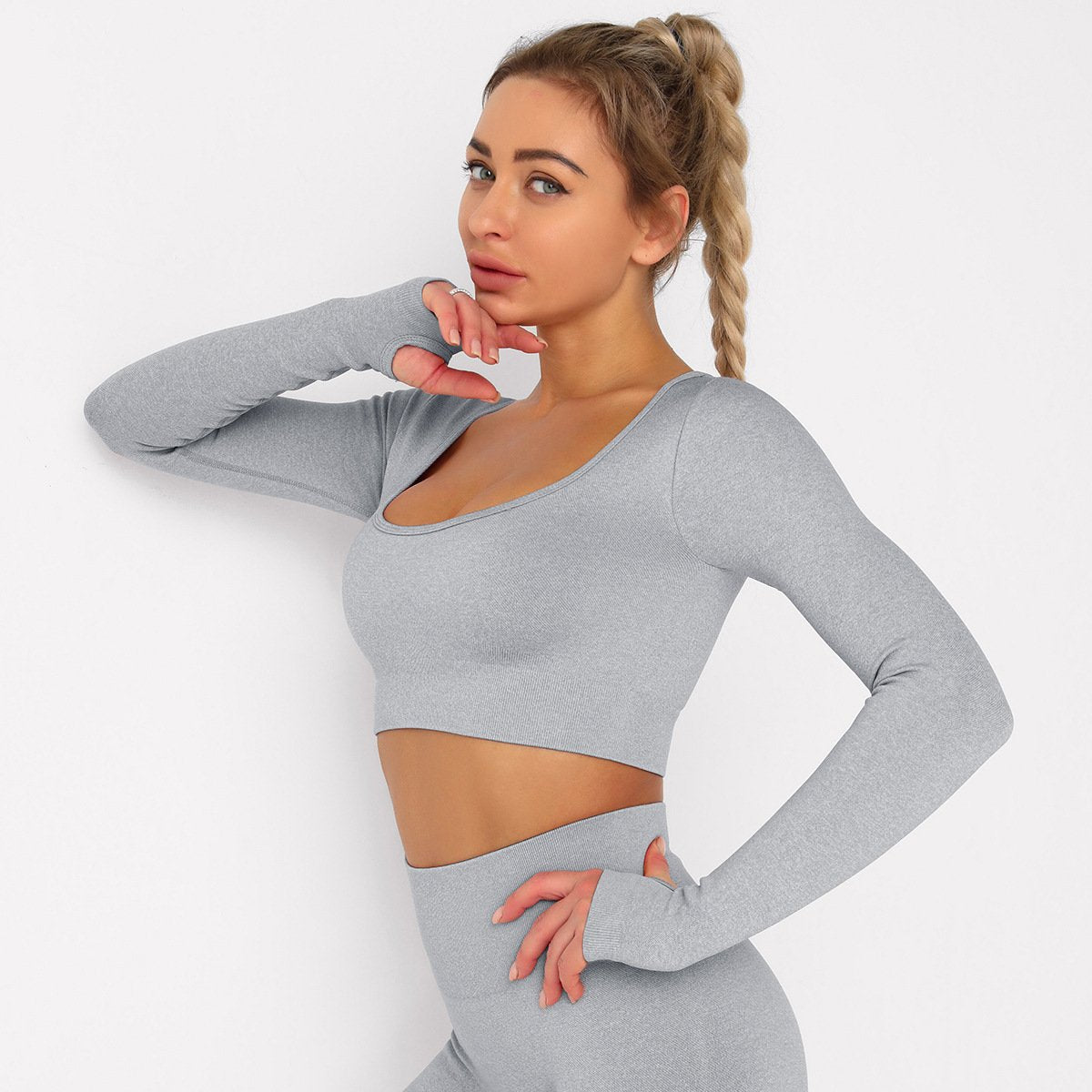 Solid Seamless Gym Shirts for Women Vital Seamless Long Sleeve Crop Top Thumb Hole Fitted Gym Top Shirts Workout Running clothes