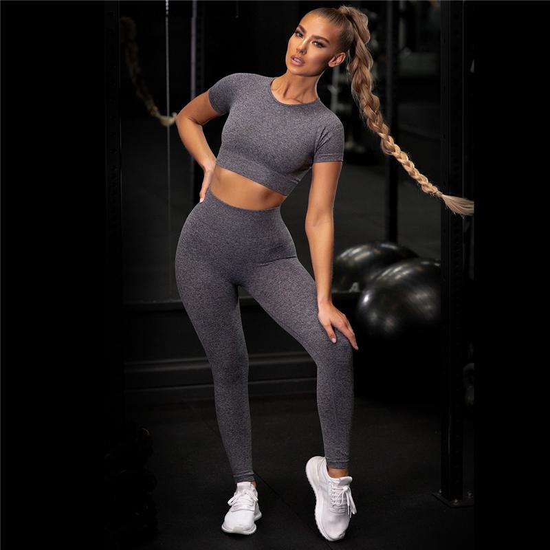 Nudity Women Seamless Sport Sets Fitness Short Sleeve   High Waist Leggings 2 Piece Gym Set Sports Suit Fitness Top Shirt suit