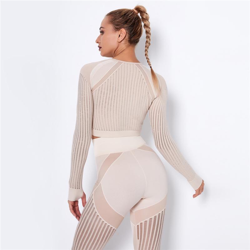 Women Seamless Crop Top Workout Flexible Four-way Knit Sports Tops Athletic Fitness Clothing Running Long Sleeve Sports Tops Gym