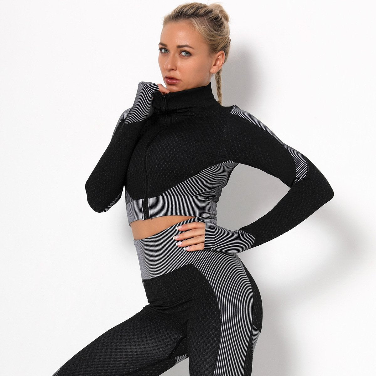 Women Autumn winter Gym Jacket Seamless Knitted Running Workout Sports Shirt Zipper Cardigan Long Sleeve Women&#39;s Fitness Wear