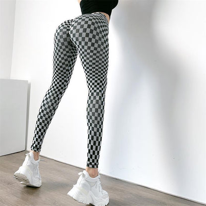 Scrunch Butt Checkered Print Fitness Sports Leggings Women Gym Elastic Slim Training Running Legging Quick Dry High Waist Pant