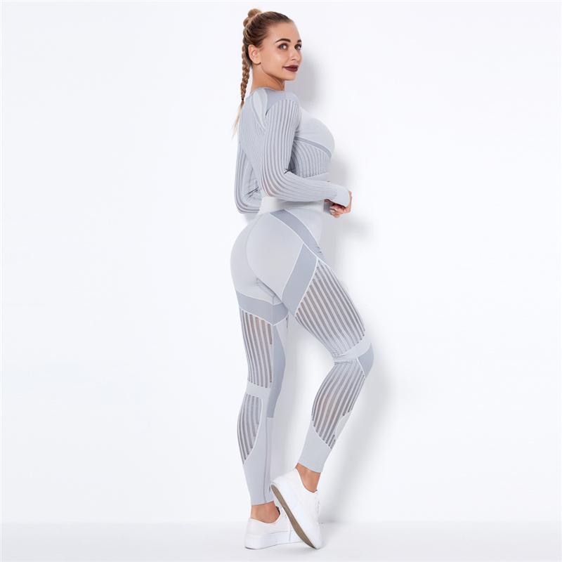 Women Sport Suit 2 Piece Fitness Tracksuit Set Gym Workout Clothes Long Sleeve Crop Top   High Waist Running Legging Fitness Set