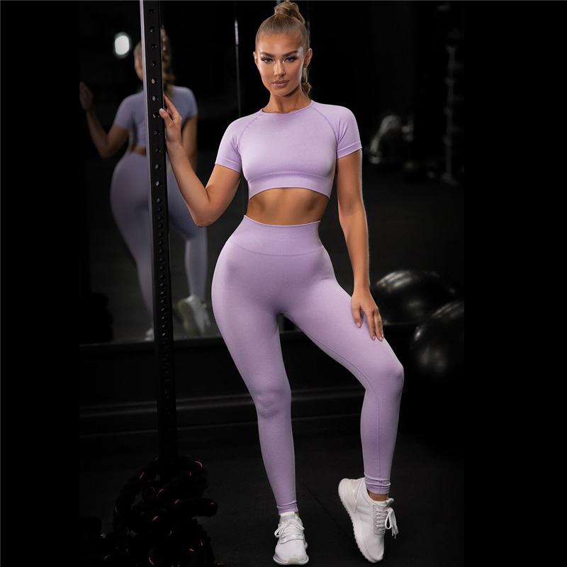 Nudity Women Seamless Sport Sets Fitness Short Sleeve   High Waist Leggings 2 Piece Gym Set Sports Suit Fitness Top Shirt suit