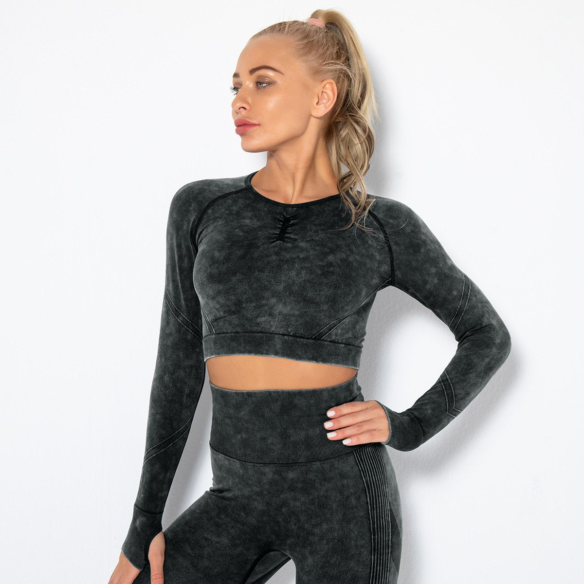 Women Seamless Sports Shirts Fitness Long Sleeves Gym Crop Top Shirts High Waist Running Leggings Tops Shaping Elastic Crop Tee