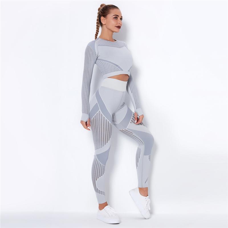 Women Sport Suit 2 Piece Fitness Tracksuit Set Gym Workout Clothes Long Sleeve Crop Top   High Waist Running Legging Fitness Set