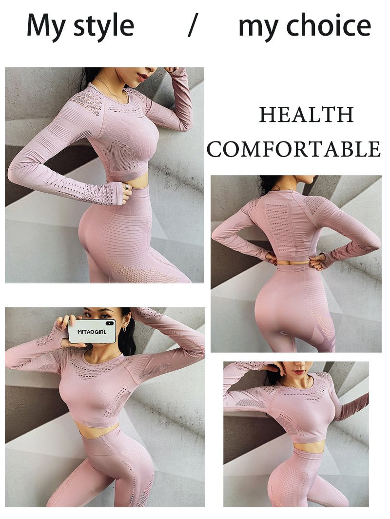 Seamless Long Sleeve Sports Set Workout Clothes Gym Fitness Crop Tops   High Waist Leggings Women Breathable Sportwear Gym Sets