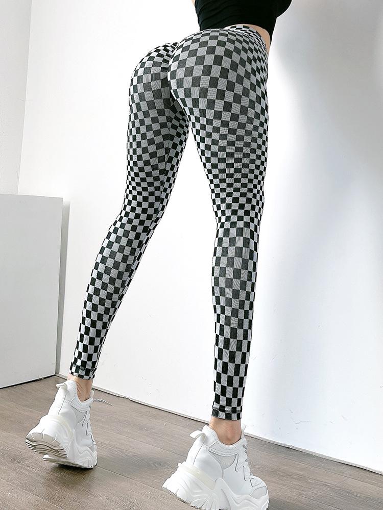 Scrunch Butt Checkered Print Fitness Sports Leggings Women Gym Elastic Slim Training Running Legging Quick Dry High Waist Pant