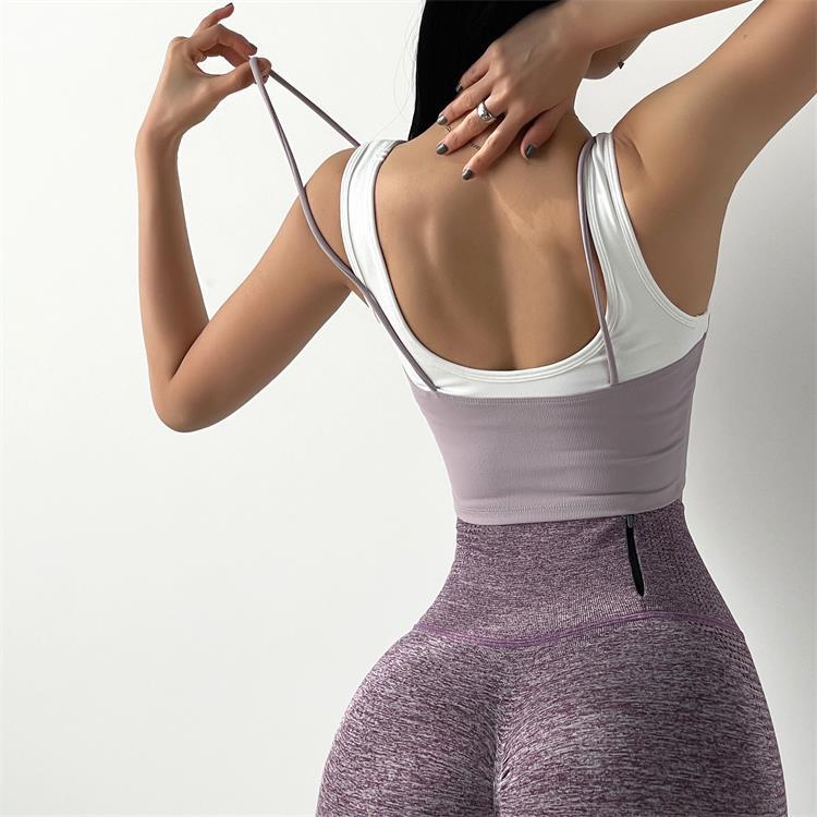 Sports Underwear Women's Fake 2 In 1 Wide Shoulder Straps Gather Shockproof Bra Fitness Clothes Quick-Drying Vest Running Tops