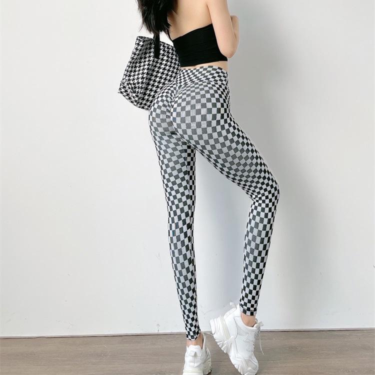 Scrunch Butt Checkered Print Fitness Sports Leggings Women Gym Elastic Slim Training Running Legging Quick Dry High Waist Pant