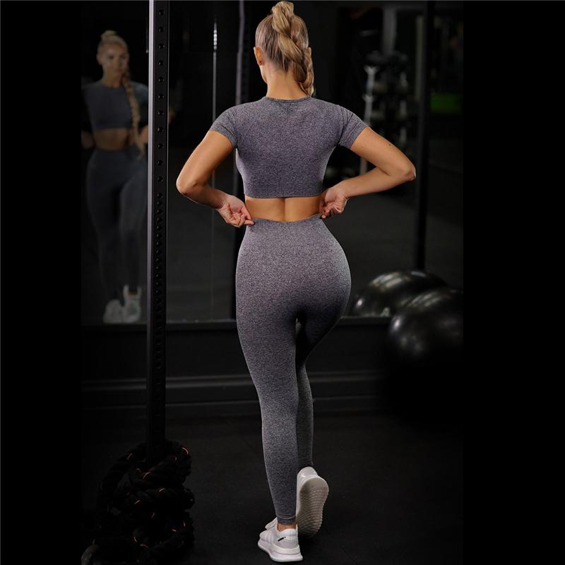 Nudity Women Seamless Sport Sets Fitness Short Sleeve   High Waist Leggings 2 Piece Gym Set Sports Suit Fitness Top Shirt suit