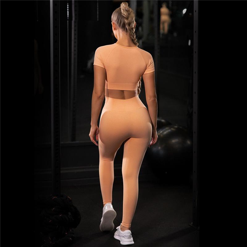 Nudity Women Seamless Sport Sets Fitness Short Sleeve   High Waist Leggings 2 Piece Gym Set Sports Suit Fitness Top Shirt suit