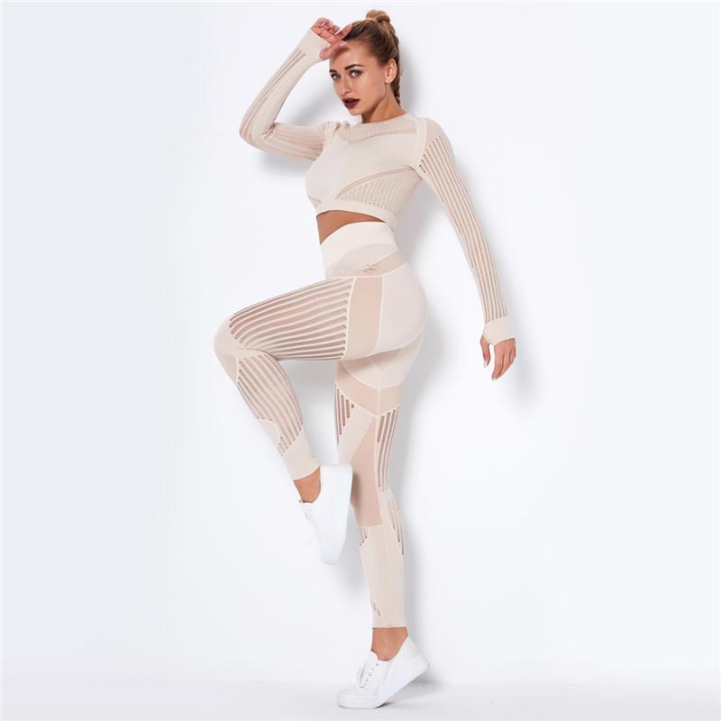 Women Sport Suit 2 Piece Fitness Tracksuit Set Gym Workout Clothes Long Sleeve Crop Top   High Waist Running Legging Fitness Set