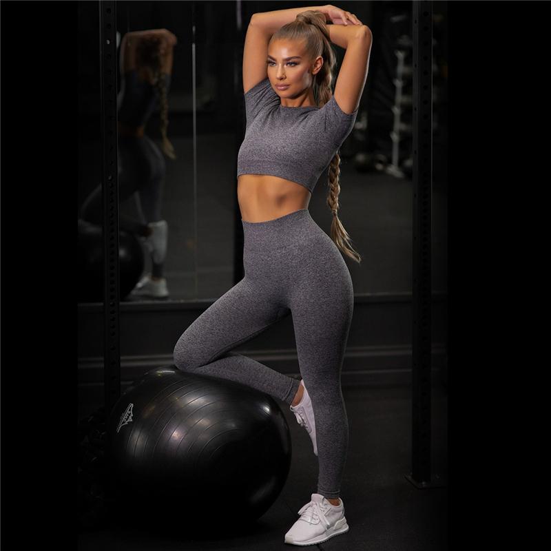 Nudity Women Seamless Sport Sets Fitness Short Sleeve   High Waist Leggings 2 Piece Gym Set Sports Suit Fitness Top Shirt suit