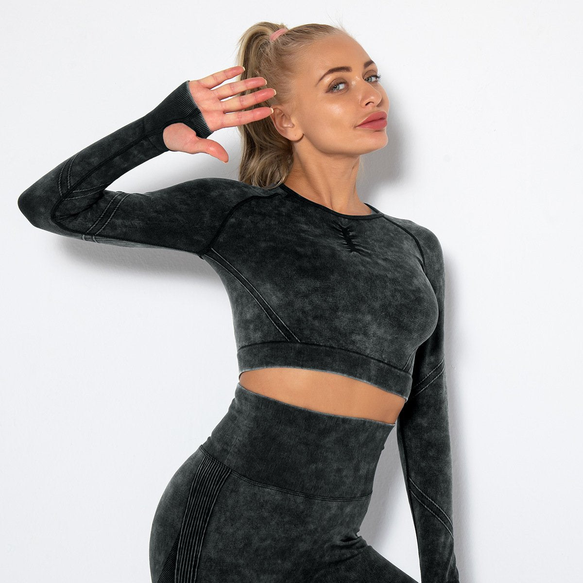 Women Seamless Sports Shirts Fitness Long Sleeves Gym Crop Top Shirts High Waist Running Leggings Tops Shaping Elastic Crop Tee