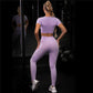 Nudity Women Seamless Sport Sets Fitness Short Sleeve   High Waist Leggings 2 Piece Gym Set Sports Suit Fitness Top Shirt suit