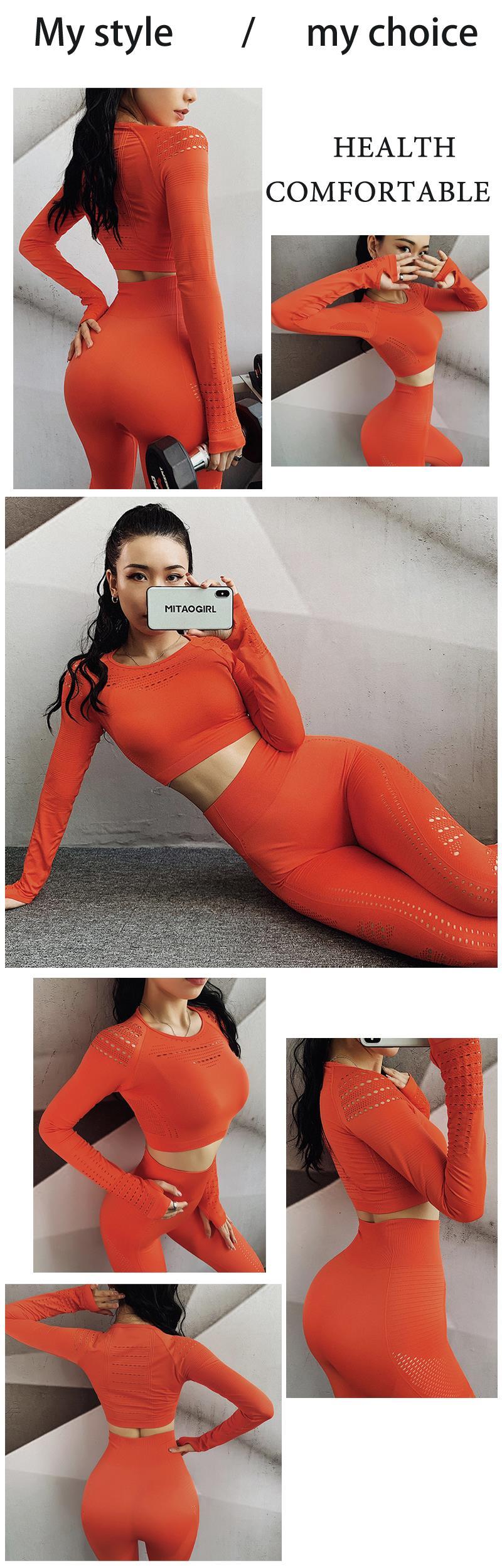 Seamless Long Sleeve Sports Set Workout Clothes Gym Fitness Crop Tops   High Waist Leggings Women Breathable Sportwear Gym Sets