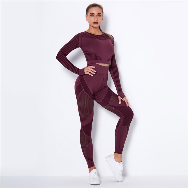 Women Sport Suit 2 Piece Fitness Tracksuit Set Gym Workout Clothes Long Sleeve Crop Top   High Waist Running Legging Fitness Set