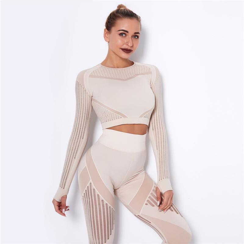 Women Sport Suit 2 Piece Fitness Tracksuit Set Gym Workout Clothes Long Sleeve Crop Top   High Waist Running Legging Fitness Set