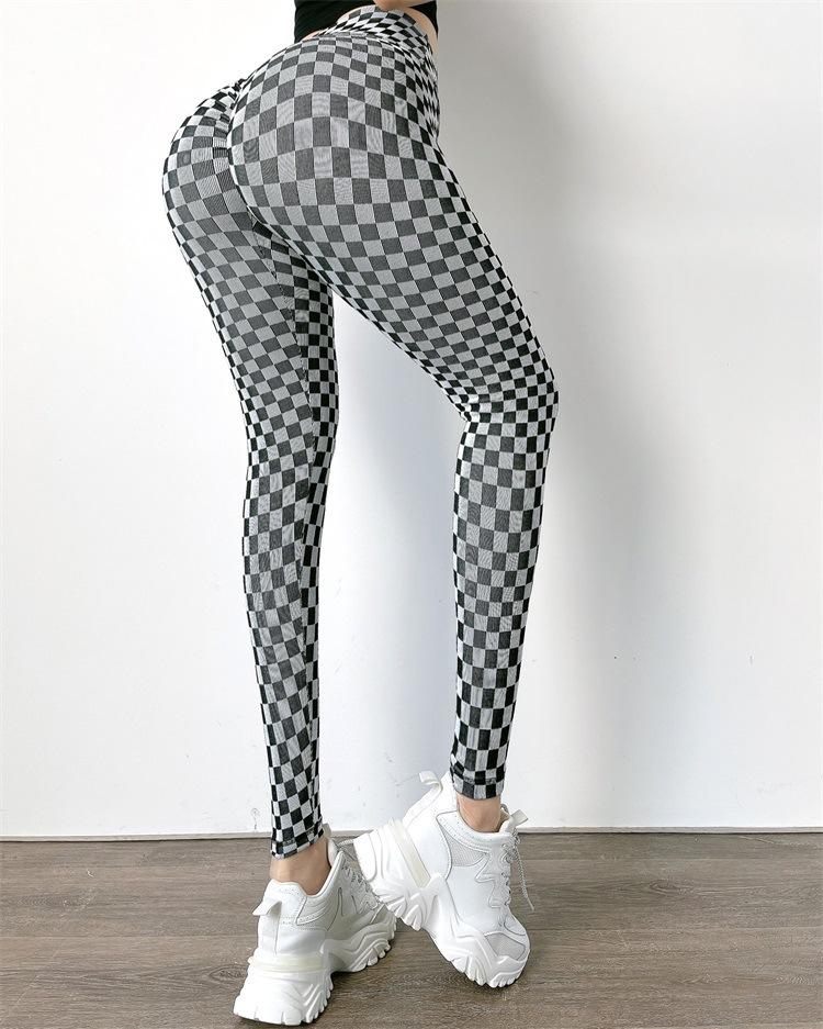 Scrunch Butt Checkered Print Fitness Sports Leggings Women Gym Elastic Slim Training Running Legging Quick Dry High Waist Pant