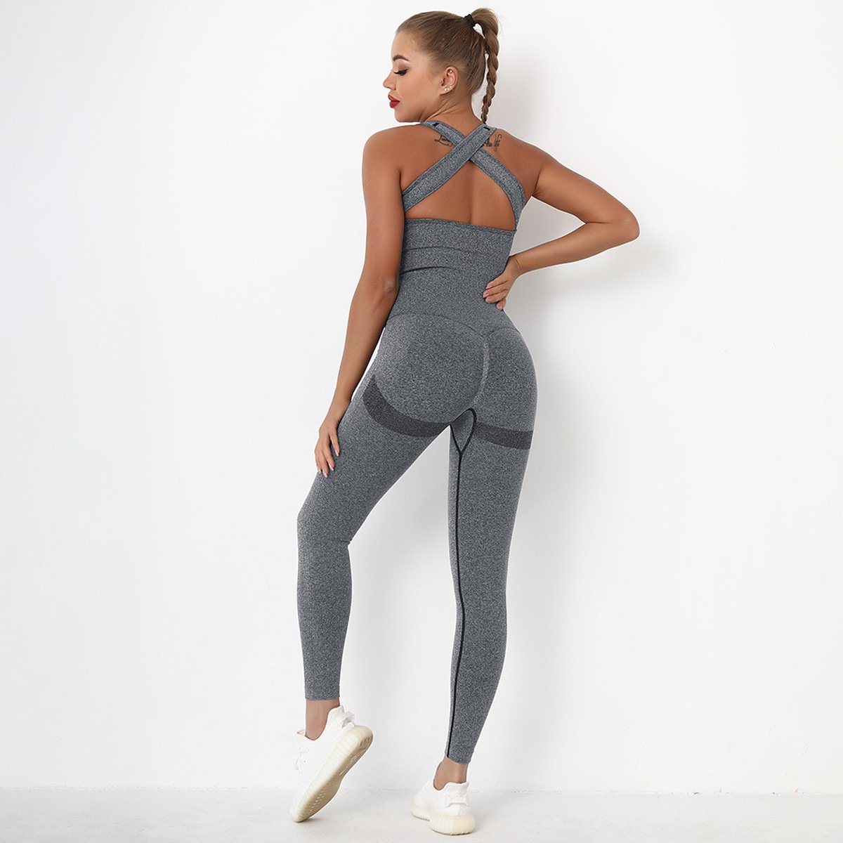 O-neck One-piece Sports Sets Women Sleeveless Gym Jumpsuits Sports Suit With Seamless Strap Cross Dance Rompers Fitness Bodysuit