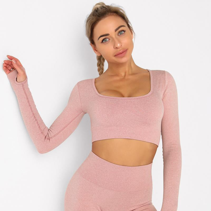 REVIVAL FITNESS SET 2Pcs Workout Gym Leggins Suit Square Sportswear Seamless Tracksuit Running Cropped Tops Long Sleeve Set