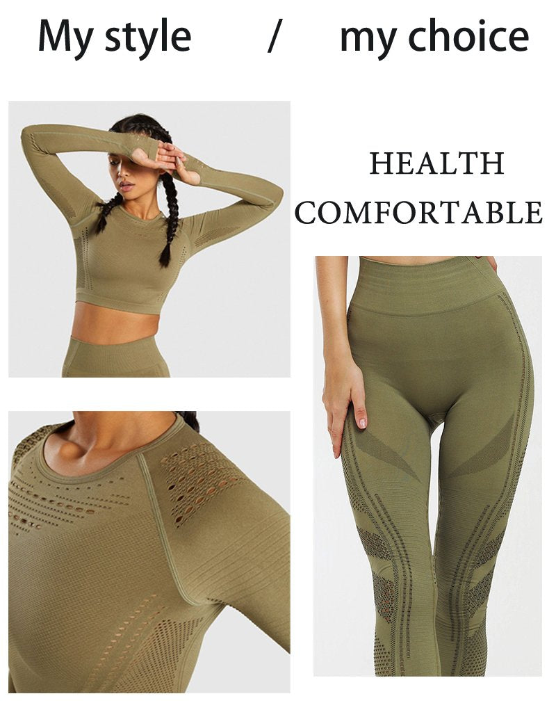 Seamless Long Sleeve Sports Set Workout Clothes Gym Fitness Crop Tops   High Waist Leggings Women Breathable Sportwear Gym Sets