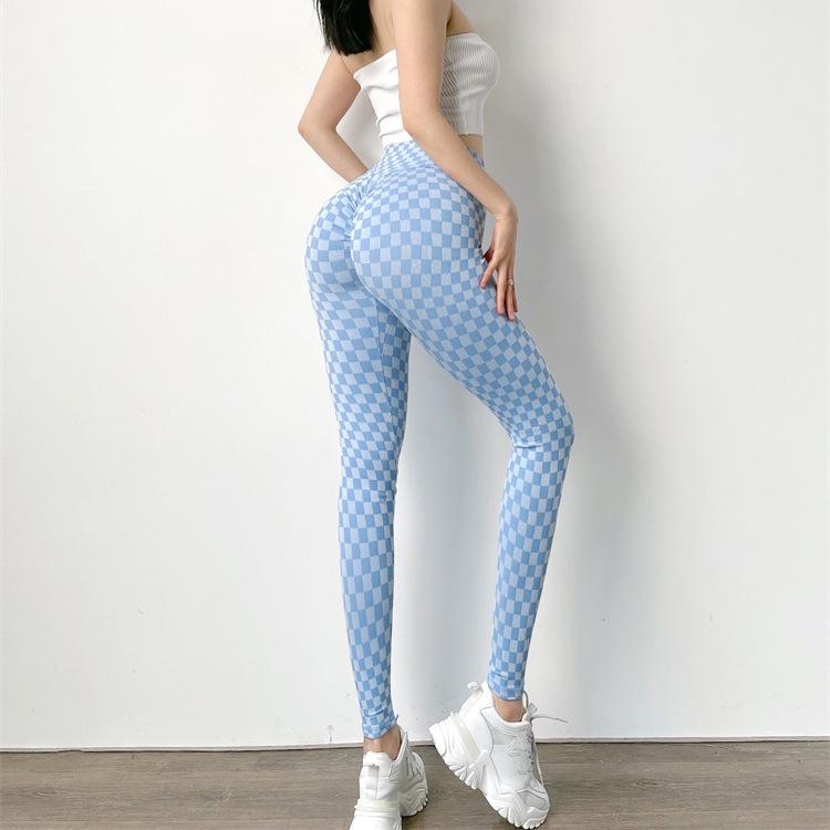 Scrunch Butt Checkered Print Fitness Sports Leggings Women Gym Elastic Slim Training Running Legging Quick Dry High Waist Pant