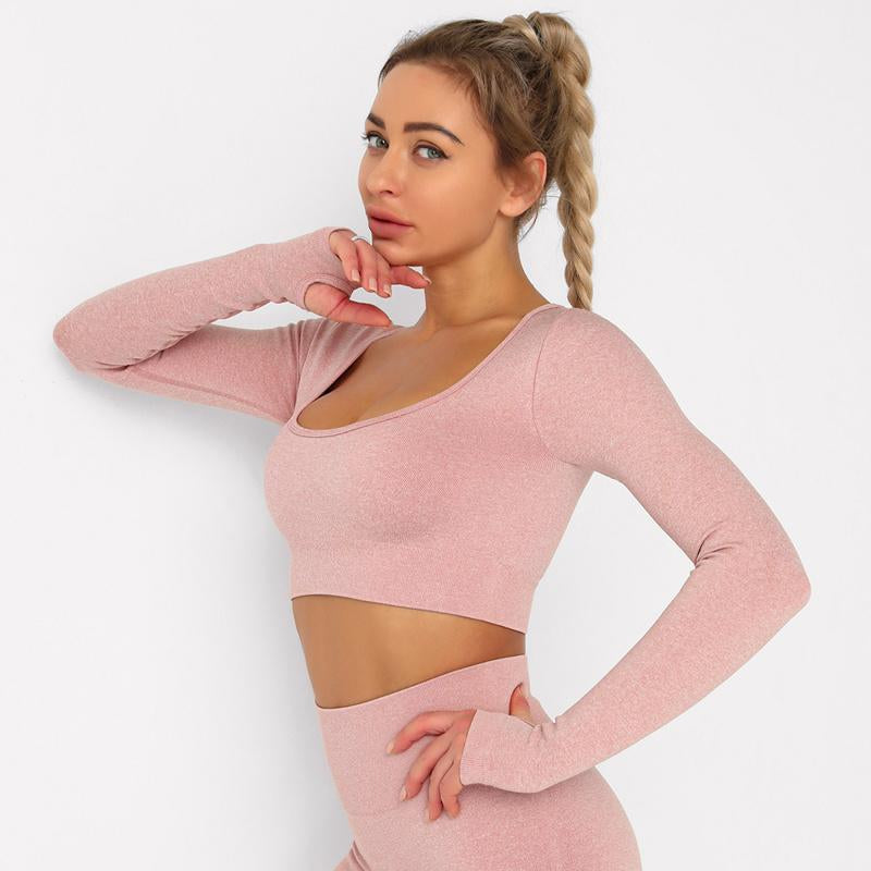 REVIVAL FITNESS SET 2Pcs Workout Gym Leggins Suit Square Sportswear Seamless Tracksuit Running Cropped Tops Long Sleeve Set