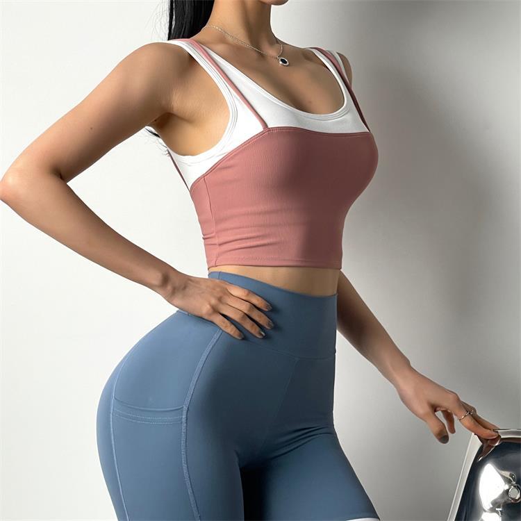 Sports Underwear Women's Fake 2 In 1 Wide Shoulder Straps Gather Shockproof Bra Fitness Clothes Quick-Drying Vest Running Tops