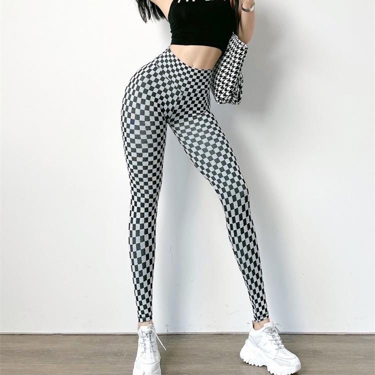 Scrunch Butt Checkered Print Fitness Sports Leggings Women Gym Elastic Slim Training Running Legging Quick Dry High Waist Pant