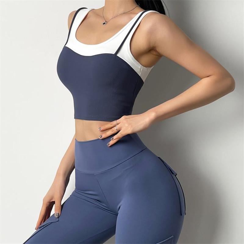 Sports Underwear Women's Fake 2 In 1 Wide Shoulder Straps Gather Shockproof Bra Fitness Clothes Quick-Drying Vest Running Tops