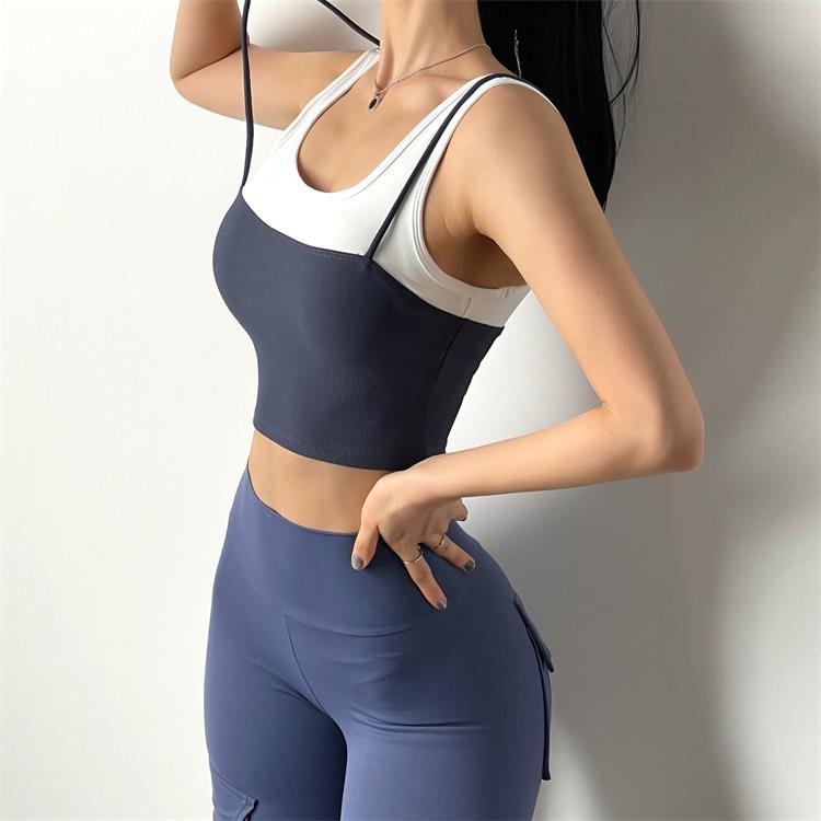 Sports Underwear Women's Fake 2 In 1 Wide Shoulder Straps Gather Shockproof Bra Fitness Clothes Quick-Drying Vest Running Tops