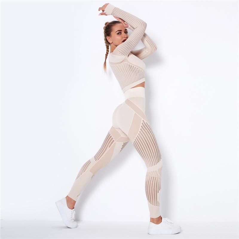 Women Sport Suit 2 Piece Fitness Tracksuit Set Gym Workout Clothes Long Sleeve Crop Top   High Waist Running Legging Fitness Set