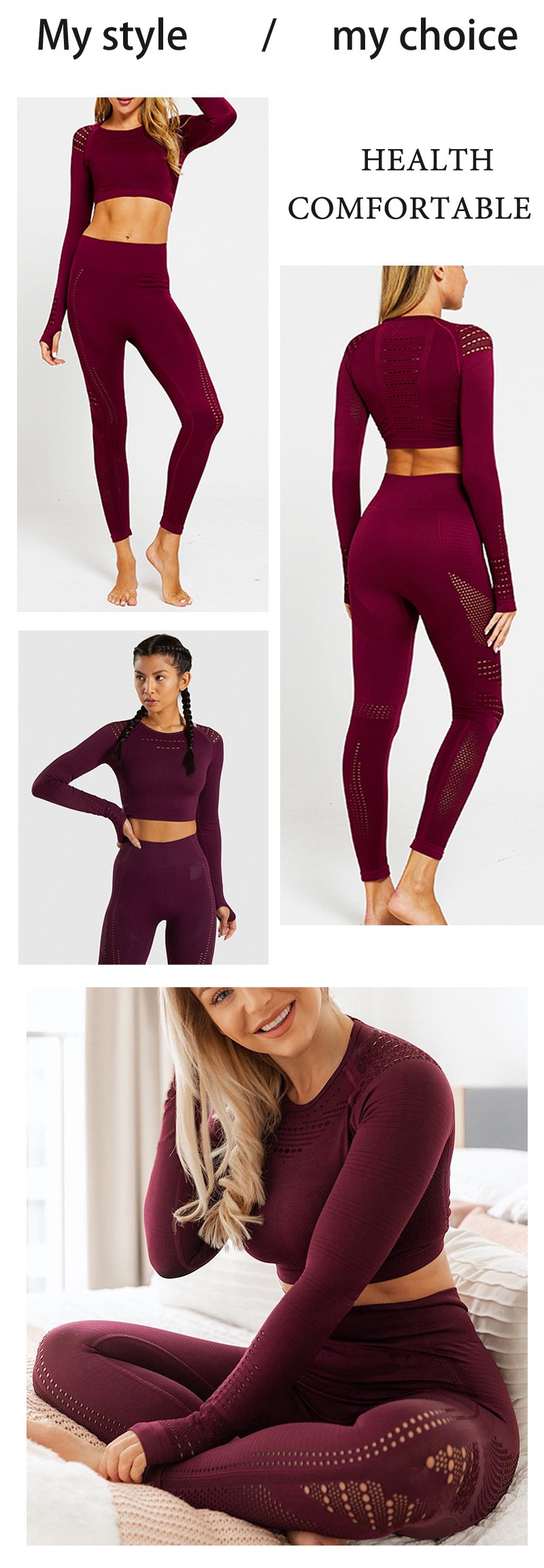 Seamless Long Sleeve Sports Set Workout Clothes Gym Fitness Crop Tops   High Waist Leggings Women Breathable Sportwear Gym Sets