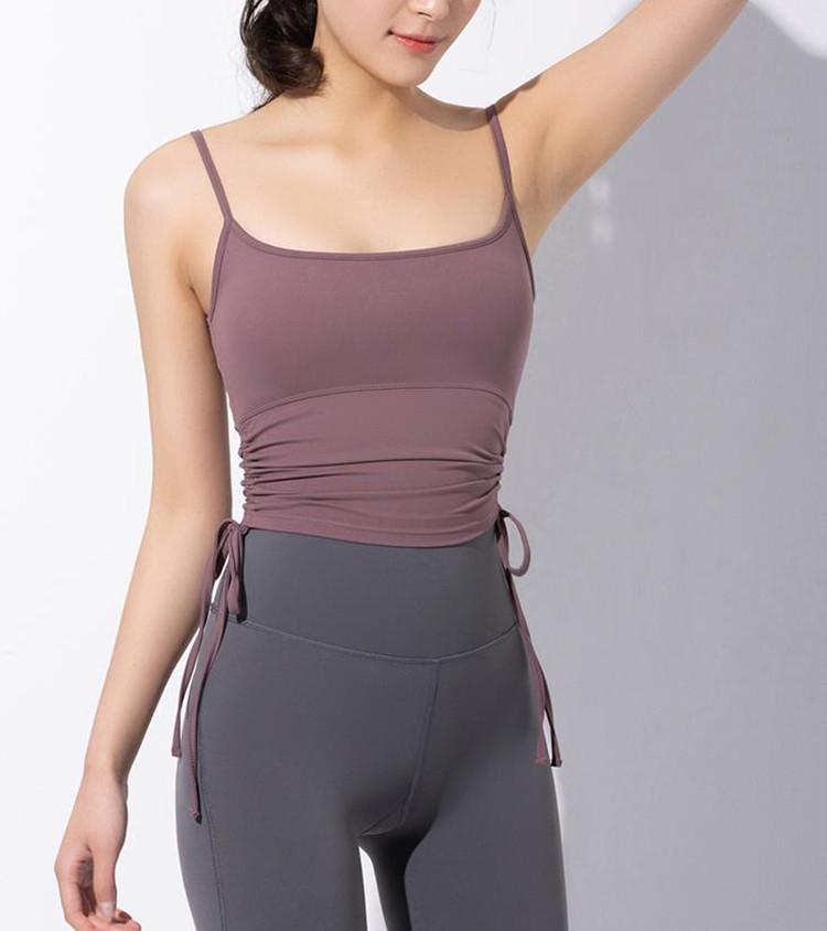 Sexy Side Drawst Sport Vest Thin Shoulder Strap Backless Sports Tank Women Fitness Gym Running Vest Padded Tops Camisole